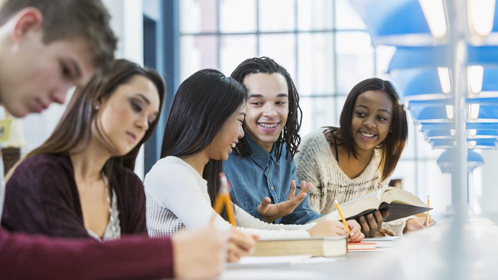 Multiracial group of high school students attending a youth advisory council meeting in the school library.