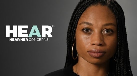 Campaign image with a woman on a dark background with the words "hear her concerns" overlaid.