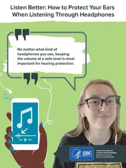 How to Protect Your Ears When Listening Through Headphones. Poster featuring Ainsley's message.