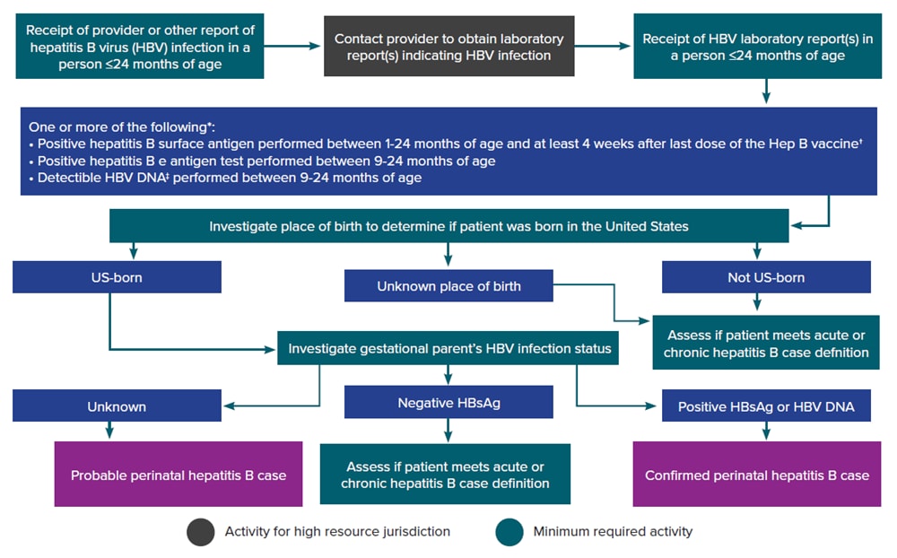 Figure 3-4 illustrates an approach for perinatal hepatitis B case ascertainment and classification. The flow chart begins with receipt of a provider report, laboratory report, or other report indicating hepatitis B virus infection in an infant or child 24 months of age or younger and walks through follow-up and case classification decisions based on available information. Recommended follow-up activities are color-coded based on if they are minimumly required or are high resource.