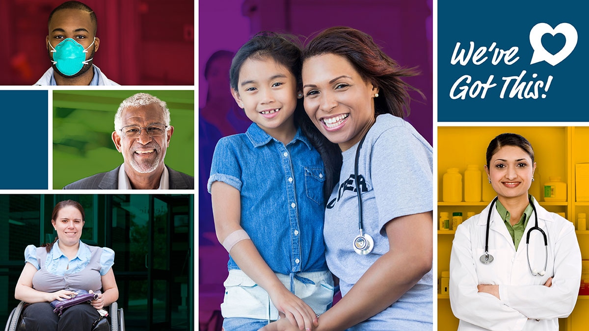 Collage of people in different health care settings along with the CDC logo saying, “We’ve Got This!”