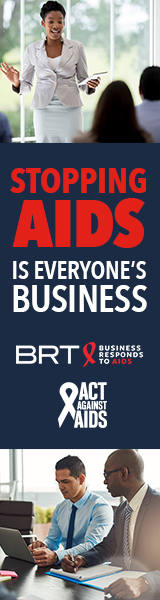 Stopping AIDS is everyone’s Business.  Image of a woman standing in a corporate setting with colleagues in the background; Business Responds to AIDS logo; Act Against AIDS logo; Image of two men sitting in a conference room looking at a laptop screen.