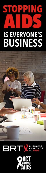 Stopping AIDS is everyone’s Business.  Image of two women in a business setting laughing; Business Responds to AIDS logo; Act Against AIDS logo.