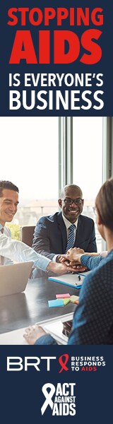 Stopping AIDS is everyone’s Business. Image of two men and a woman in a conference room joining hands together to show unity; Business Responds to AIDS logo; Act Against AIDS logo.