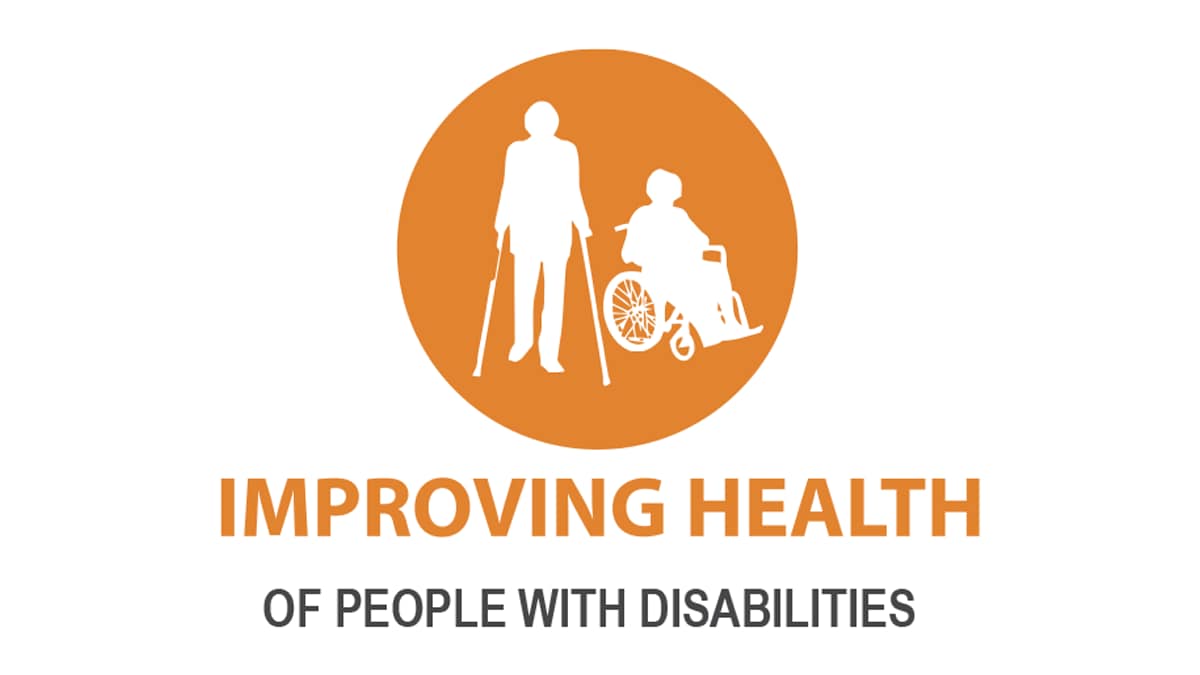 A graphic image of a person with crutches and a person in a wheelchair inside an orange circle. Image caption: Improving Health of people with disabilities.