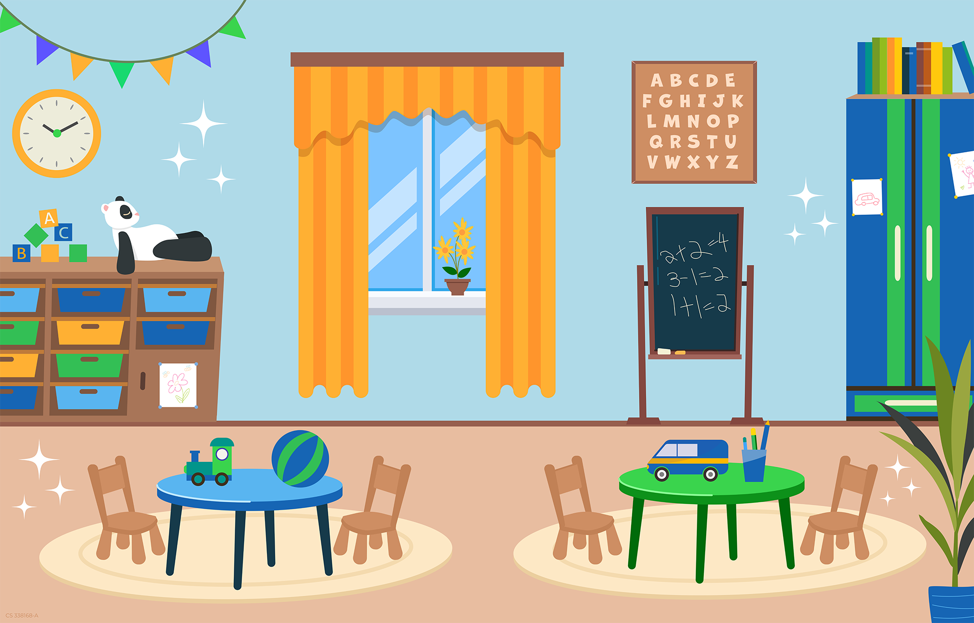 children's classroom with chalkboard, stuffed animals, small tables and chairs