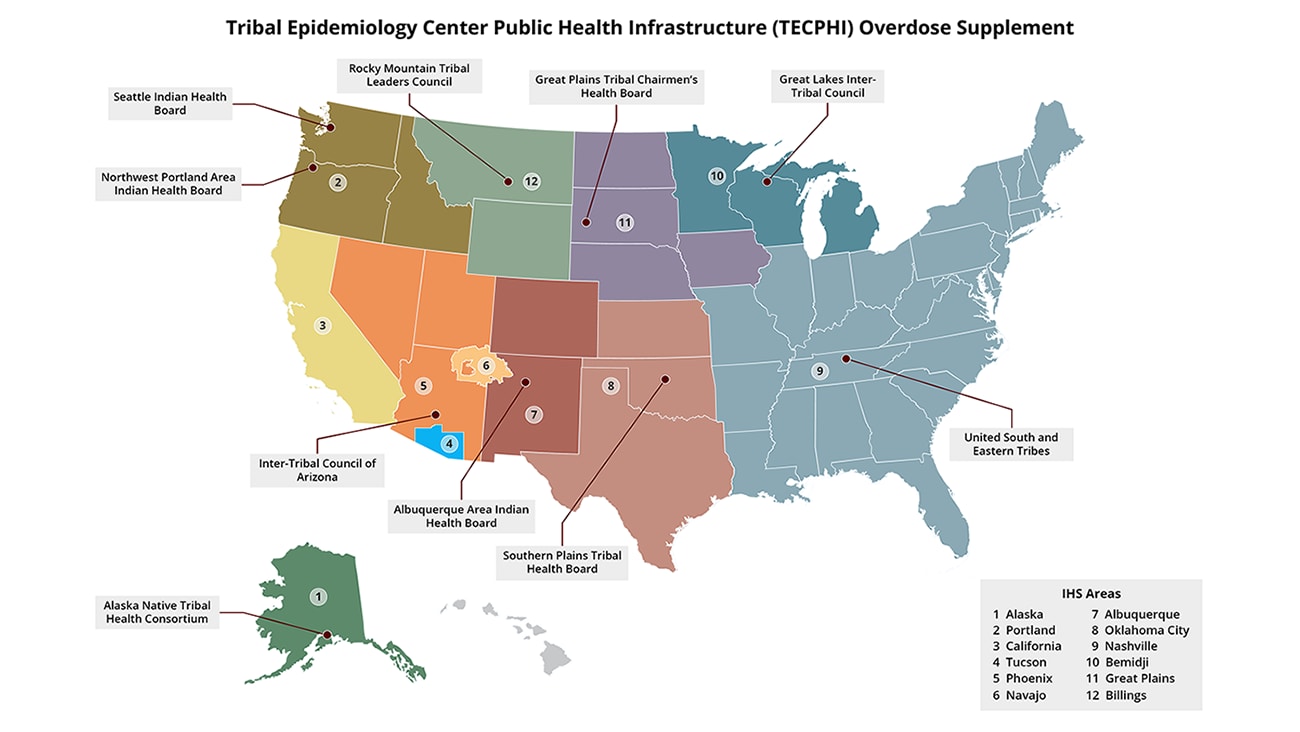 Map of Tribal Epidemiology Center Public Health Infrastructure (TECPHI) Overdose Supplement partners