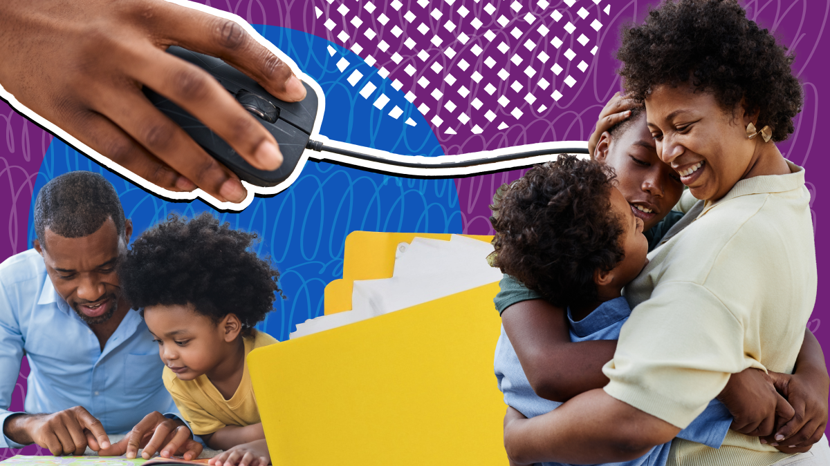 Stock photos of father and son reading, mother and children hugging, and a hand on a computer mouse.