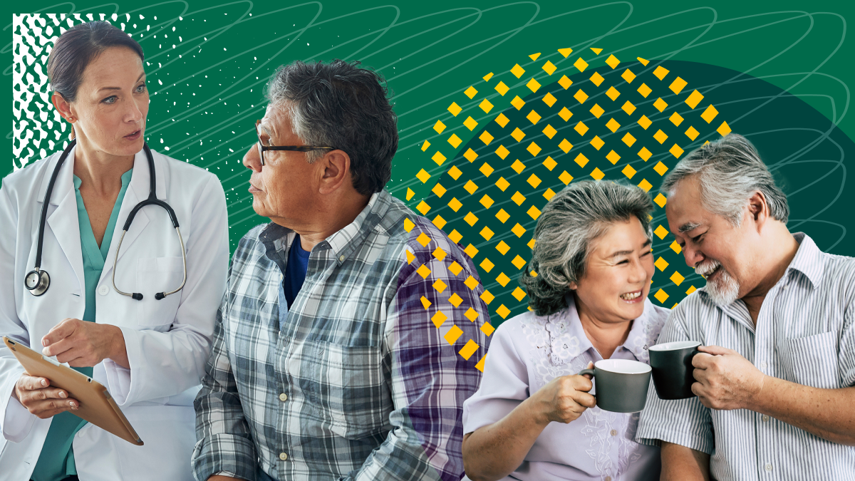 Composite stock photo of a doctor and a patient and an older couple smiling.