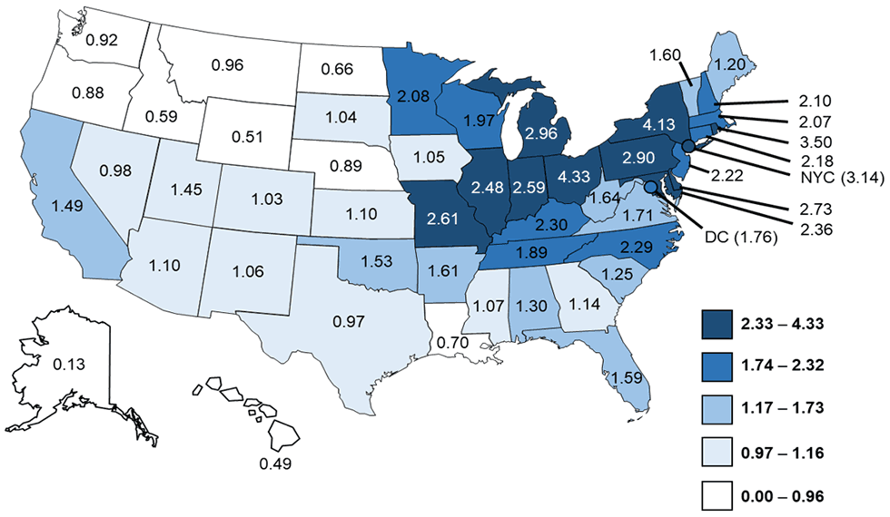 Figure 3a: Crude incidence rates of reported confirmed cases of Legionnaires’ disease by jurisdiction of residence—NNDSS, United States, 2016.