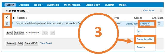 Screen shot of Ovid Search Alert showing the "more" drop down menu and the "create auto-alert" button.