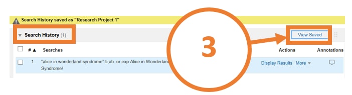Screen shot of Ovid Search Alert showing the "search history" and the "view saved" buttons.