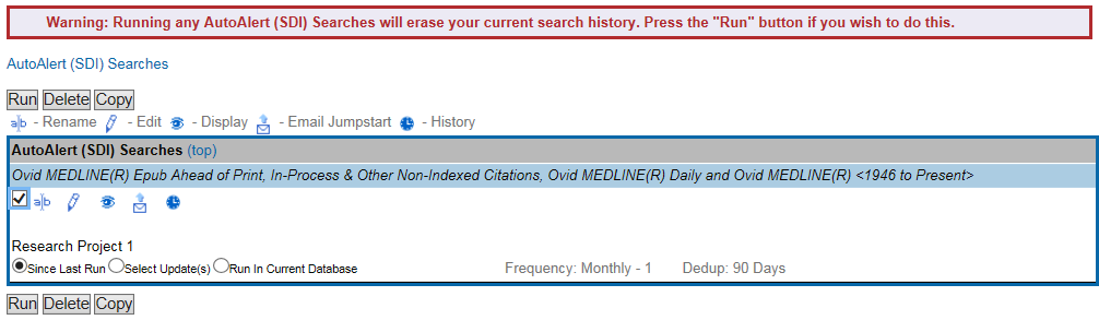 Screen shot of Ovid Search Alert page where you can select file to delete.