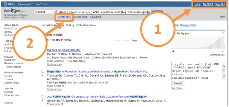 Screen shot of Pub Med button "create RSS"