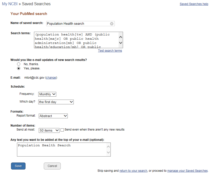 Screen shot of Pub Med fields to name search and choose frequency of delivery.