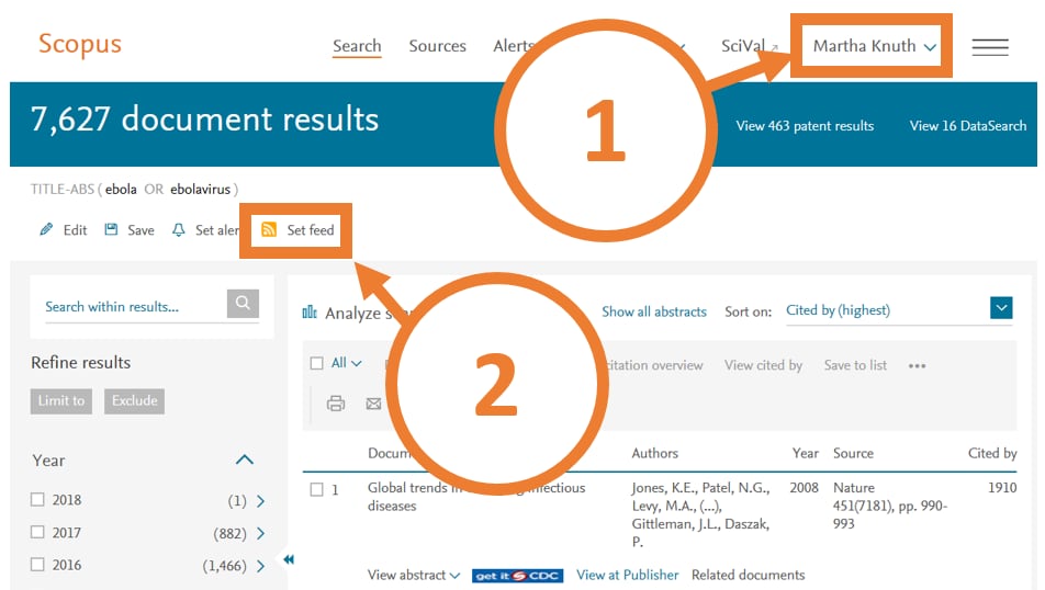 Screen shot of scopus account "set feed" button.