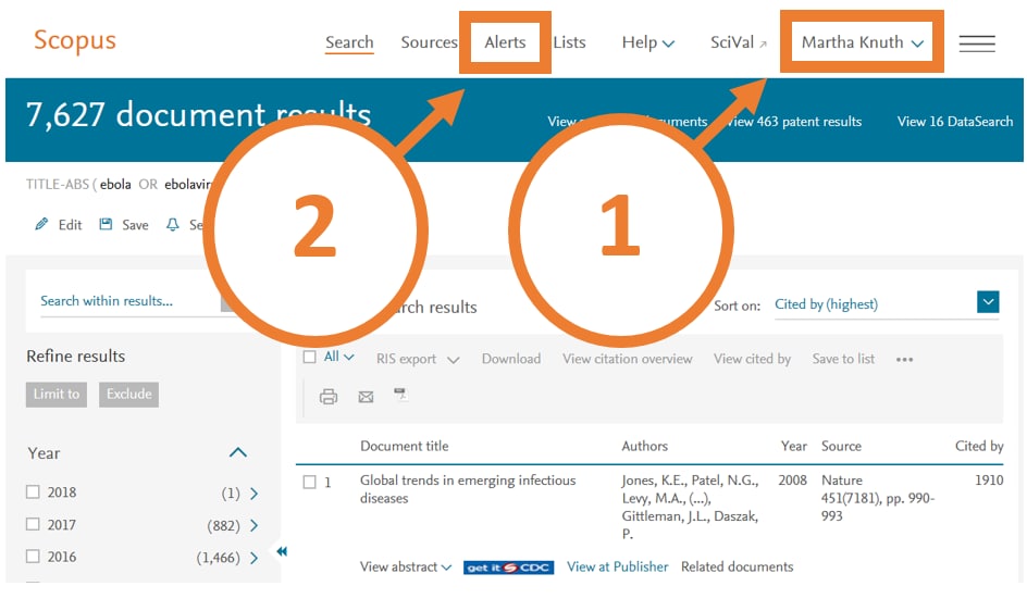 Screen shot of scopus account "alert" button.