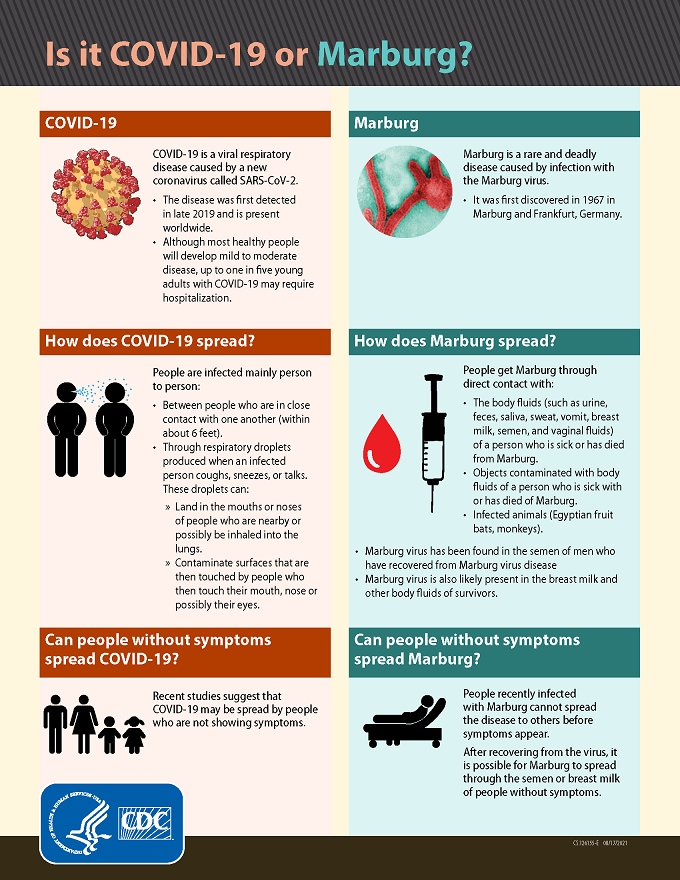 A thumbnail of a printable factsheet titled "Is it COVID-19 or Marburg?"