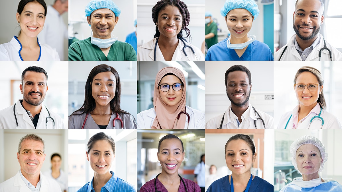 Montage of professional healthcare staff headshot portraits smiling and looking to camera.