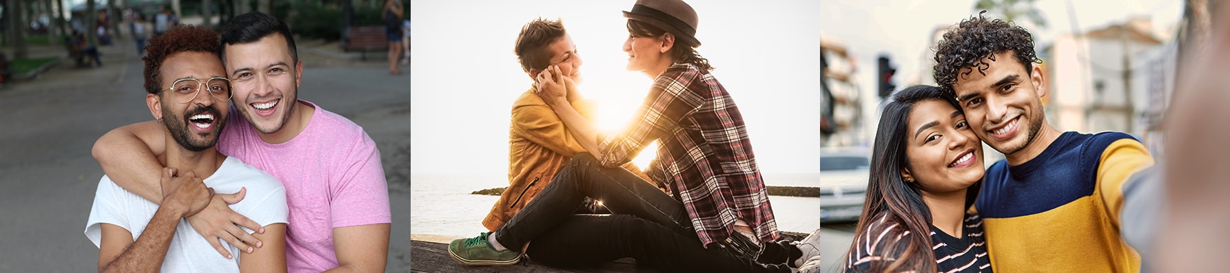 Three, diverse couples - two smiling into the camera, one couple smiling at each other.