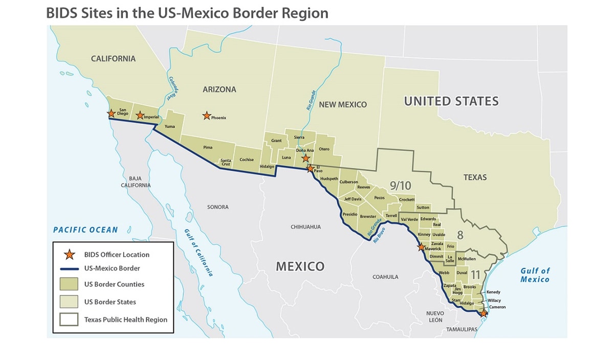 Mapa de los estados fronterizos del sur de los Estados Unidos: California, Arizona, Nuevo México y Texas, y sus condados fronterizos. Los funcionarios del Programa BIDS están ubicados en el condado de San Diego y el condado Imperial en California; en Phoenix, Arizona; y en Doña Ana, Nuevo México. Texas tiene tres sitios del Programa BIDS, ubicados en tres regiones de salud pública diferentes: condado de El Paso en la región de salud pública 9/10, condado de Maverick en la región de salud pública 8, y condado de Cameron en la región de salud pública 11.