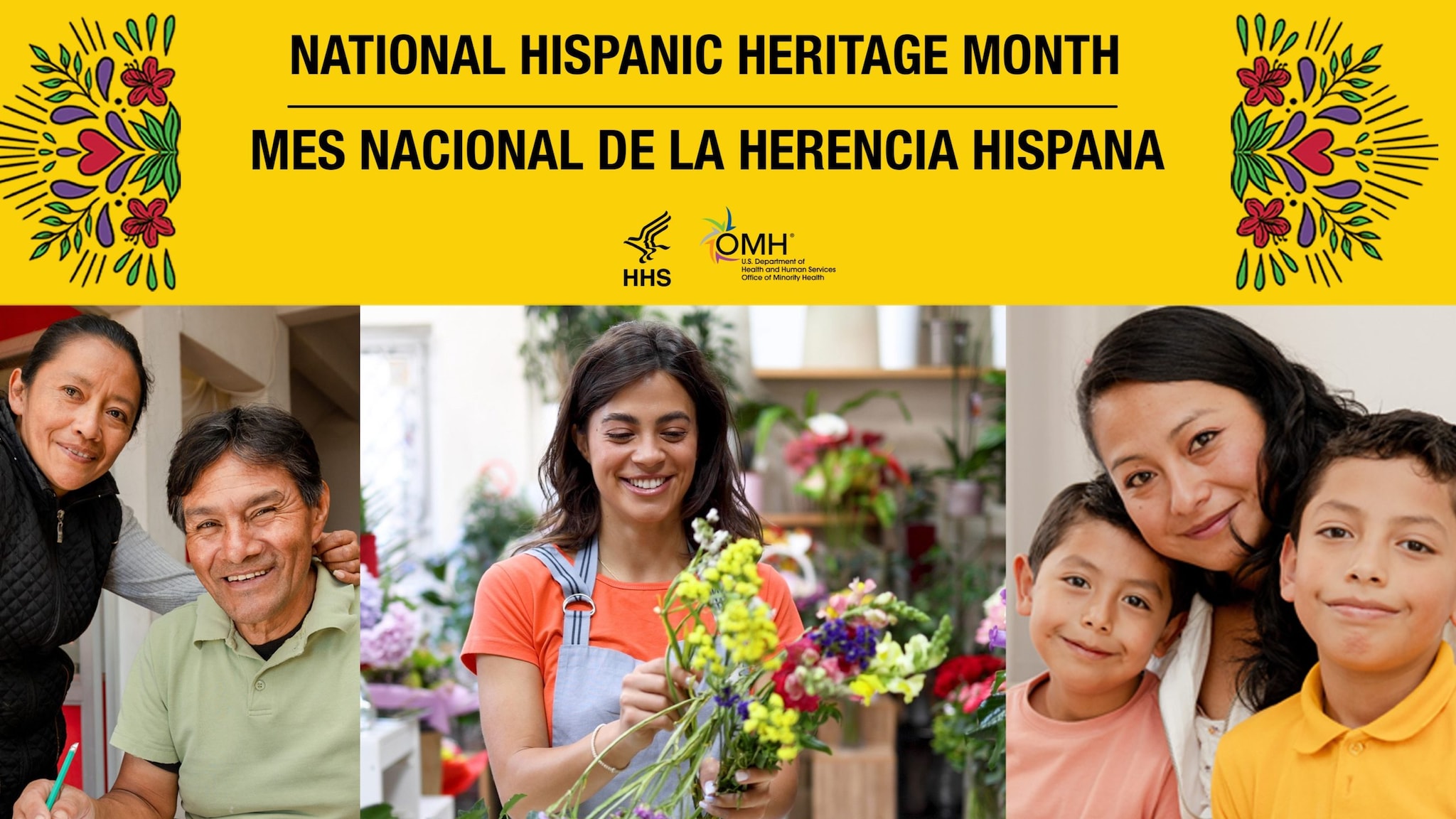 National Hispanic Heritage Month graphic with Hispanic and Latino families.