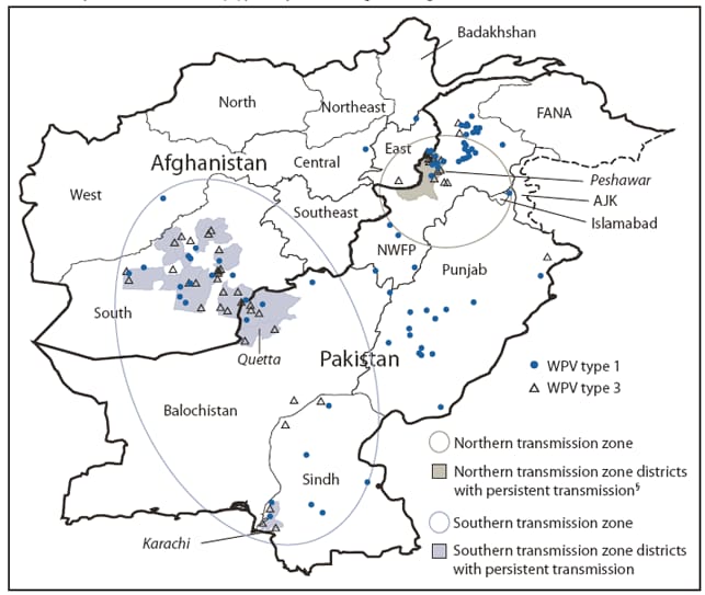 The figure shows wild poliovirus (WPV) cases, by type and province or region in Afghanistan and Pakistan in 2009. In Afghanistan, 38 WPV cases (15 WPV1 and 23
WPV3) were reported during 2009, compared with 31 WPV cases (25 WPV1 and six WPV3) in 2008.
