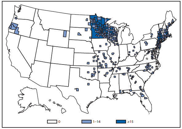 This figure is a map of the United States that presents the number of ehrlichiosis (anaplasma phagocytophilum) cases by county in 2011.