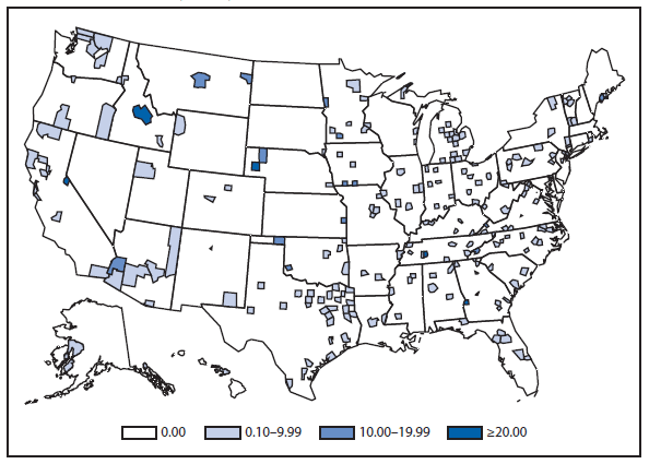 This figure is a map of the United States that presents the incidence range per 100,000 population of hepatitis A by county in 2011.