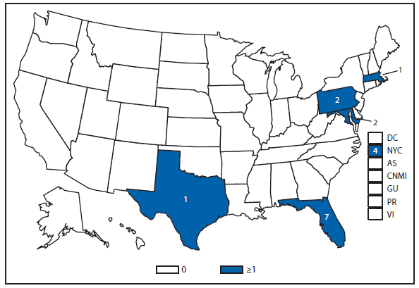 This figure is a map of the United States and U.S. territories that presents the number of cholera cases in each state and territory in 2012.