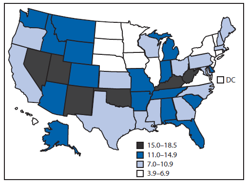 The figure above shows age-adjusted death rates for drug overdose deaths among women in the United States during 2009-2010. Rates were age-adjusted to the 2000 U.S. Census population using bridged-race population estimates. During 2009-2010, rates for drug overdose deaths among women varied widely by state. Age-adjusted drug overdose death rates ranged from 3.9 per 100,000 women in North Dakota to 18.5 in Nevada.