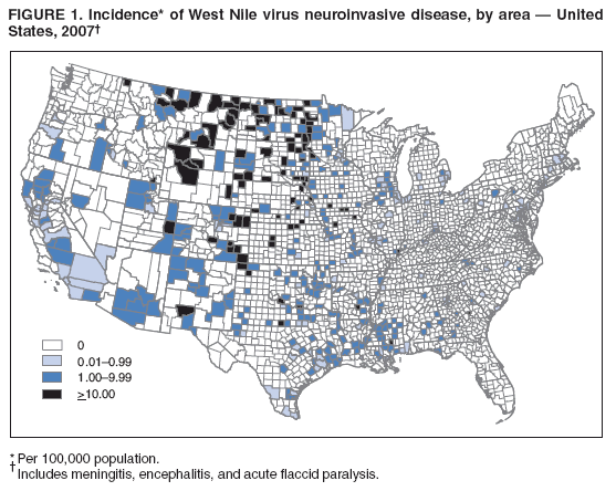 FIGURE 1. Incidence* of West Nile virus neuroinvasive disease, by area  United
States, 2007