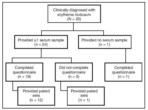 The figure shows the number of patients with erythema nodosum (N = 25) who provided sera (single or paired) and/or completed the standardized questionnaire in New Mexico during an outbreak of erythema nodosum which occurred during November 2007-January 2008. Twenty patients completed the questionnaire.