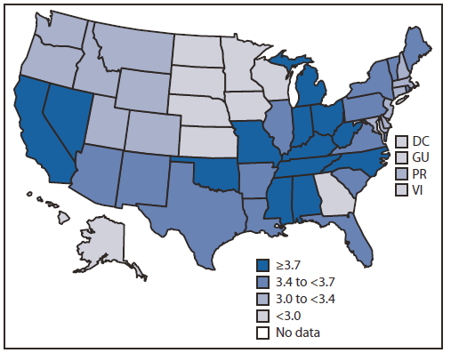 This figure is a map of the United States showing the mean number of mentally unhealthy days during past 30 days among adults aged ≥18 years, by state quartile, using data from the 2009 Behavioral Risk Factor Surveillance System. The mean number of mentally unhealthy days was highest in the southeastern states The survey question was: "Now thinking about your mental health, which includes stress, depression, and problems with emotions, for how many days during the last 30 days was your mental health not good?"