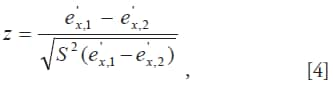 The fourth formula is used to determine disparities between the expected years of life free of activity limitations of two population subgroups of the same age group; such disparities can be tested by using a statistical method commonly used for testing the significance of a difference between two means where ex,1 and ex,2  are the expected years free of activity limitations of two different population subgroups of the same age x.