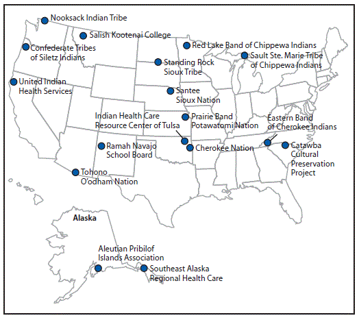 The figure presents a map of the United States with the location of the 17 Traditional Foods Project partners.