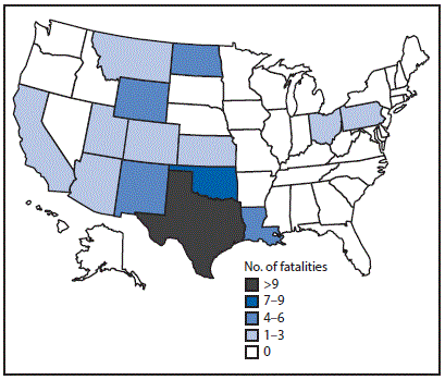 The figure above is a map of the United States showing the fatalities resulting from falls in the oil and gas extraction industry, by state, during 2005â€“2014.