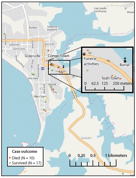 The figure above is a spot map showing the cases and location of funeral events after an unexplained cluster of illnesses and deaths in Sinoe County, Liberia during April–May, 2017.