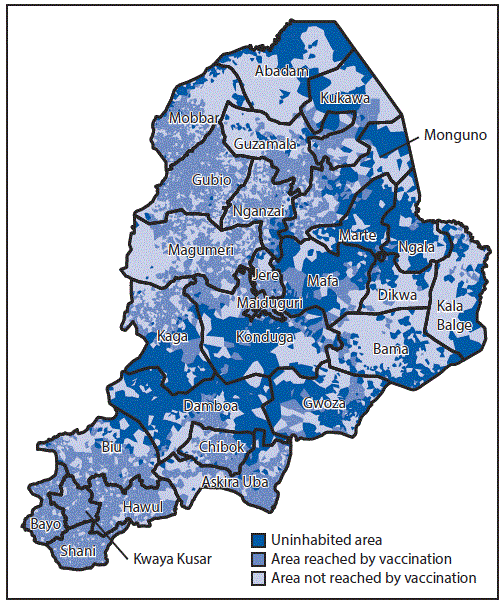 The figure above is a map of Nigeria showing polio vaccination coverage, by area, in the country’s Borno State during August 2016–October 2017.