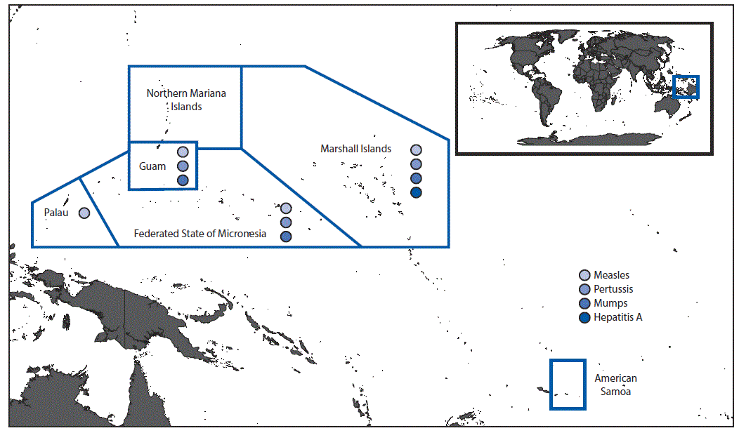 The above figure is a map showing vaccine-preventable disease outbreaks in U.S. Affiliated Pacific Islands during 2002–2018.