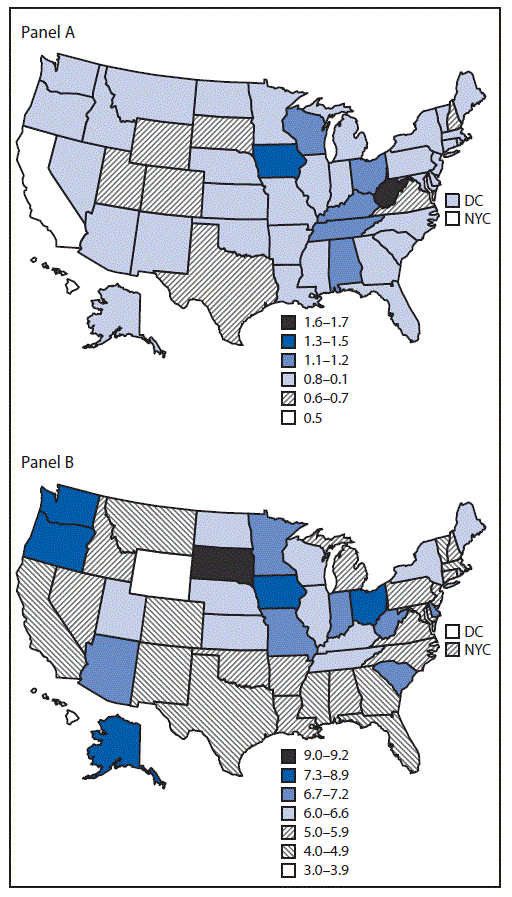 The figure shows two maps of the United States, one depicting the prevalence of preexisting diabetes and the other depicting the prevalence of gestational diabetes among women who had a live birth, by state in 2016.