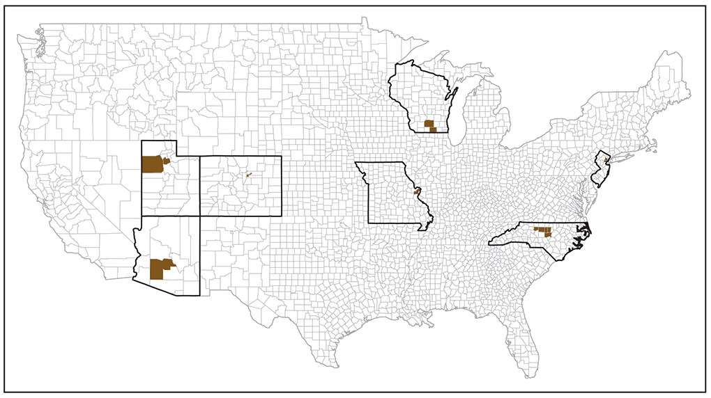 This figure is a map that shows the seven Early Autism and Developmental Disabilities Monitoring Network surveillance areas (counties in Wisconsin for 2010, 2012, and 2014; New Jersey for 2010, 2012, and 2014; Arizona for 2010, 2012, and 2014; Utah for 2010 and 2012; Colorado for 2014; Missouri for 2010, 2012, and 2014; and North Carolina for 2014).