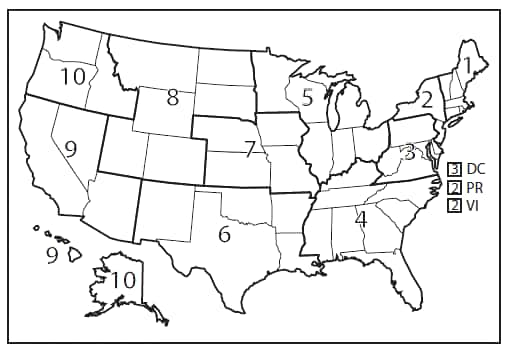 This figure is a map of the United States showing the 10 U.S. Department of Health and Human Services public health regions.