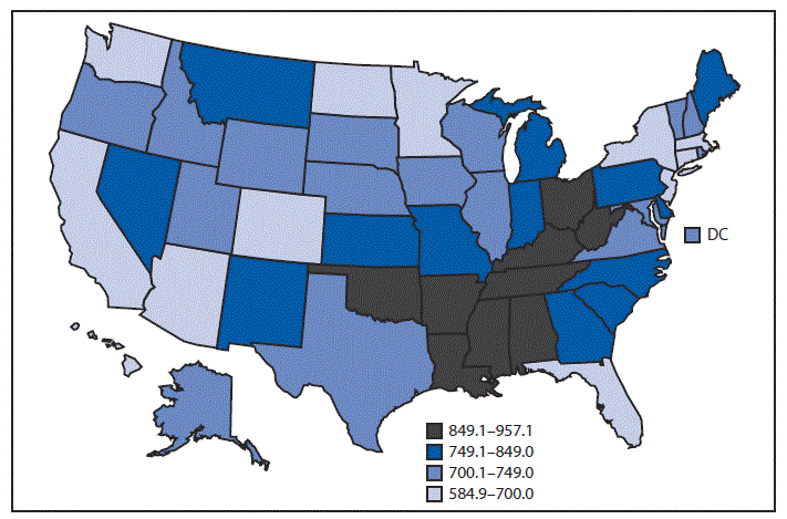 The figure is a map of the United States showing the age-adjusted death rate per 100,000 population, by state, for 2017.