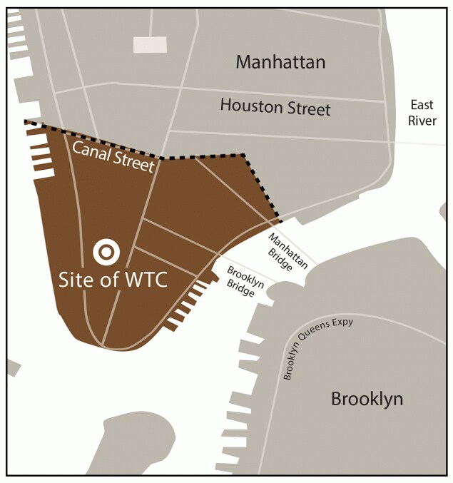 This figure is a map showing the New York City response area for the September 11, 2001, terrorist attacks.