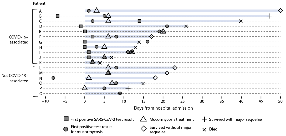 Figure is a diagram showing the time line of diagnosis, treatment, and outcomes for 17 patients who were hospitalized with mucormycosis in Honduras during May–September 2021.