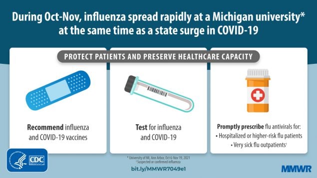 The figure describes a Michigan University influenza outbreak and how to prevent getting the flu.