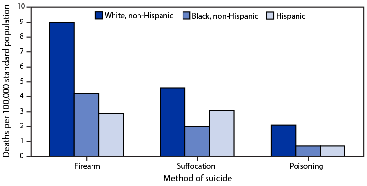 The figure is a bar chart showing the age-adjusted suicide rates for the three leading methods of suicide, by race and ethnicity, in the United States during 2020, according to the National Vital Statistics System.