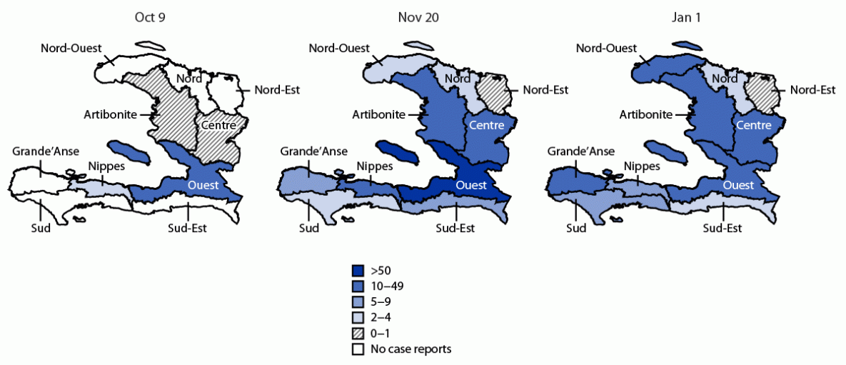 The figure is a map showing the rolling 14-day cholera incidence by department in Haiti during October–December 2022.