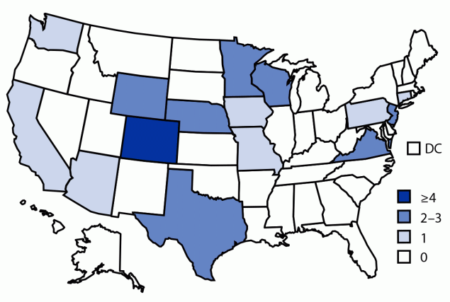 The figure is a map of the United States showing number of persons infected with the outbreak strain of Salmonella Thompson, by state of residence and number of cases per state (N = 115) during May–October, 2021.